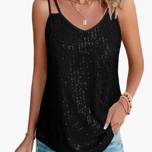 New Xlarge Black Sequin Top for Women V Neck Dressy Tank Tops Sparkly Party Club